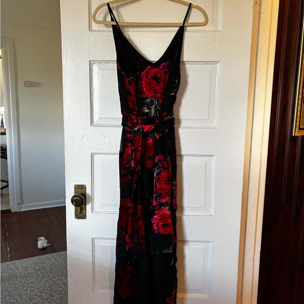 Anthropologie Ett:twa black and red floral velvet burnout wide-leg jumpsuit